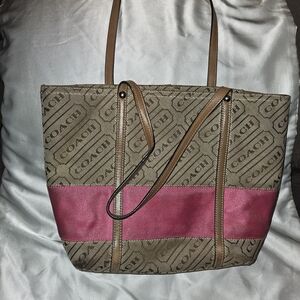 Coach Tan and Pink Signature Tote Bag